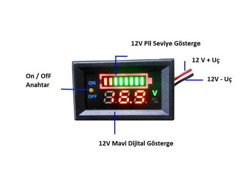 12V Akü Yüzde Ve Volt Göstergesi Panel Tipi